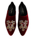 Dolce & Gabbana Black Red Velvet Embellished Slip On Shoes